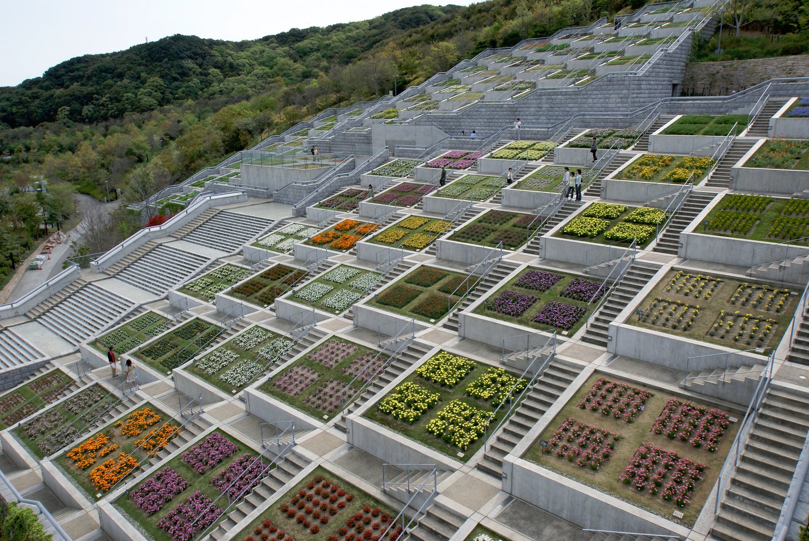 淡路夢舞台百段苑：格狀花壇覆蓋整片陡坡