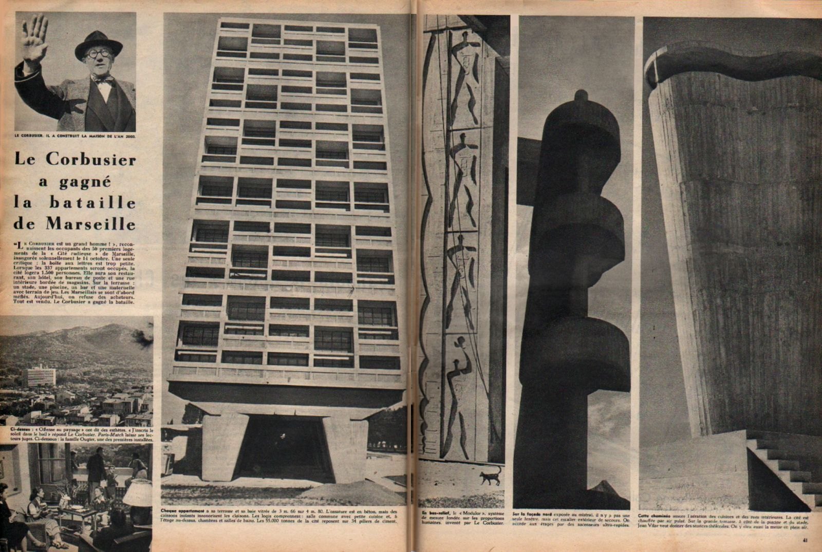 1952 年《巴黎競賽》雜誌報導馬賽公寓落成的跨頁